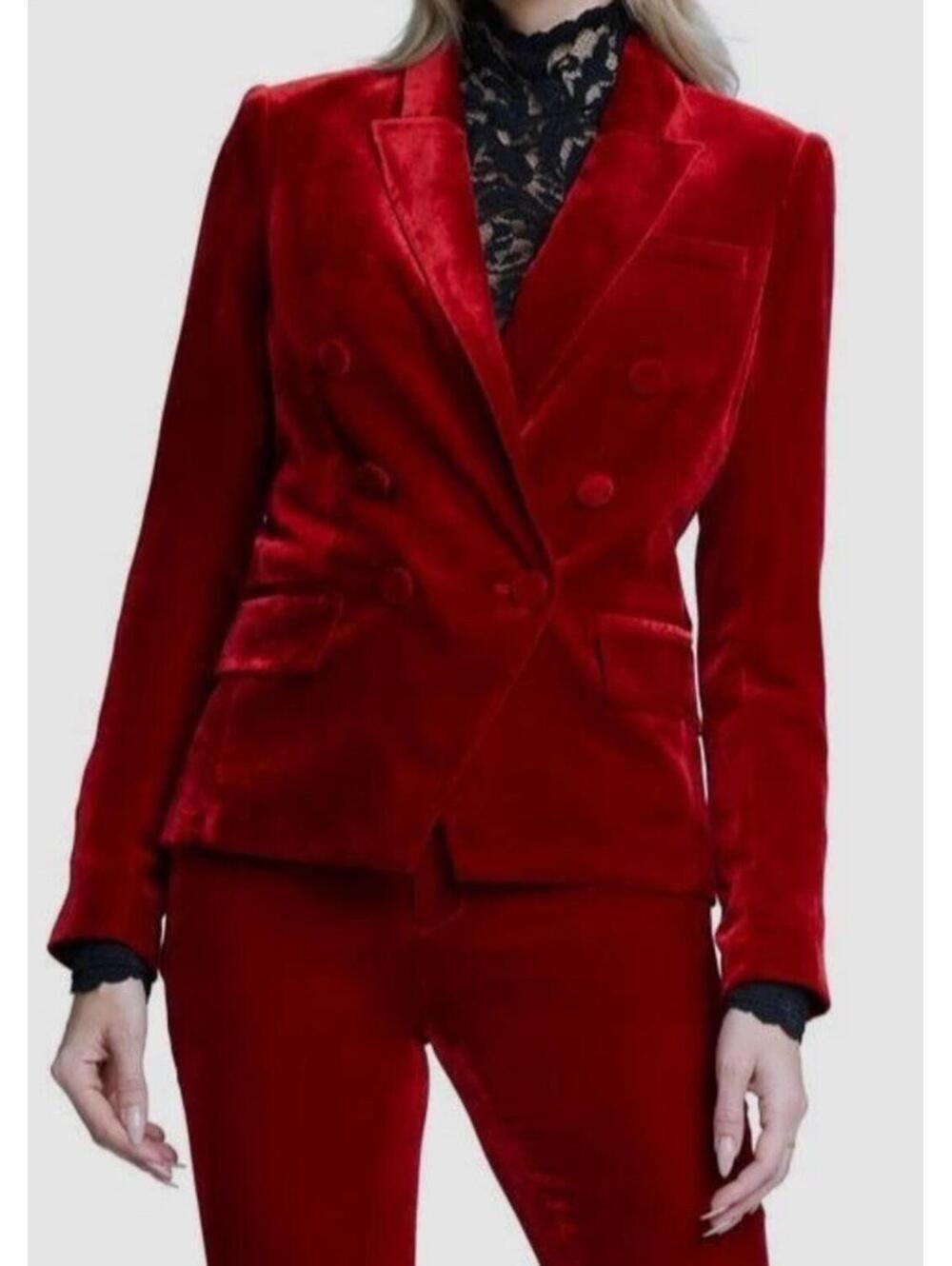New L'Agence Velvet Double-Breasted Silk Blazer In Red Dahlia Size 4 $795
